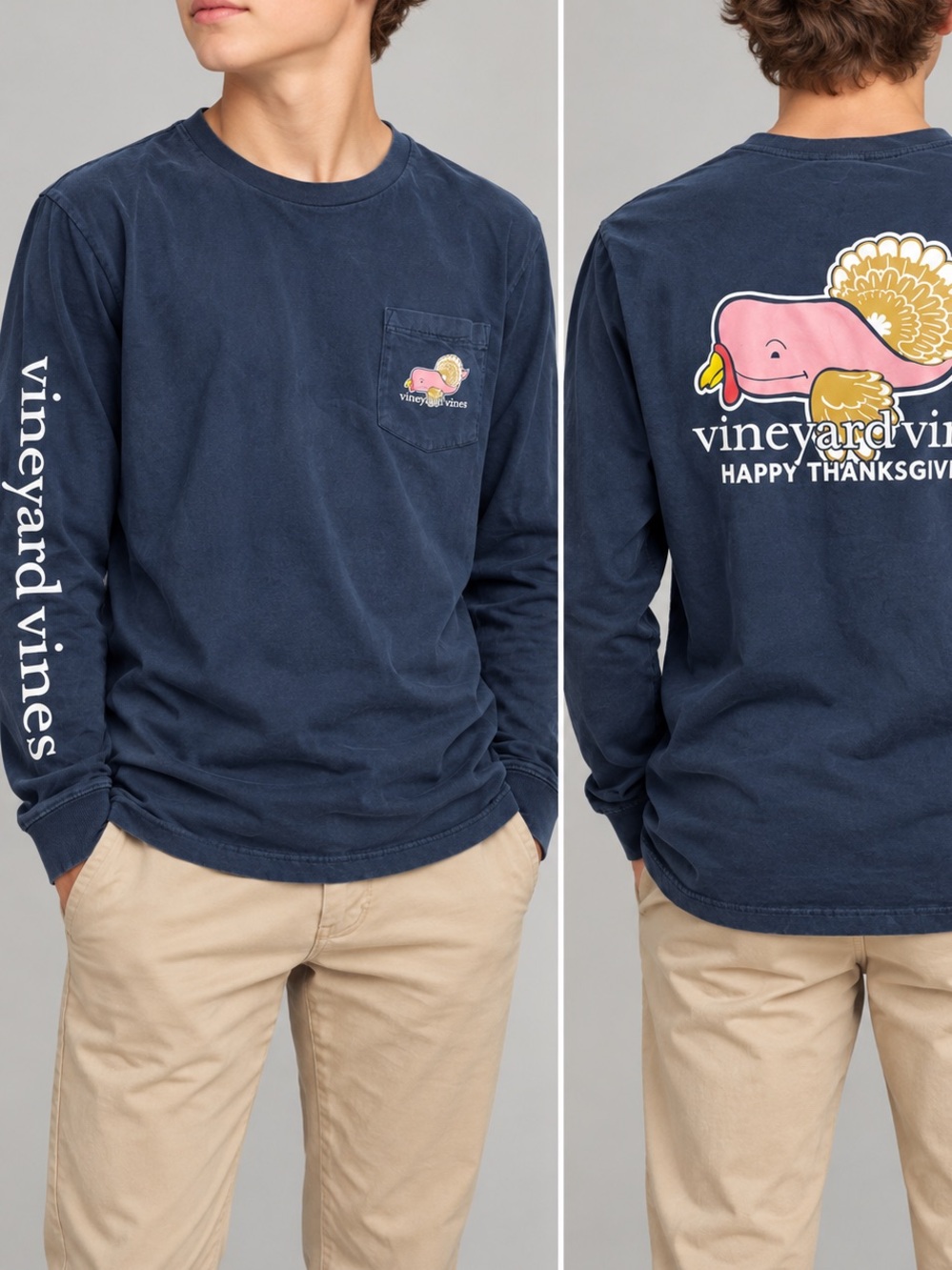 Vineyard Vines Youth XL 18 Thanksgiving Turkey Whale Navy Long Sleeve Pocket Tee